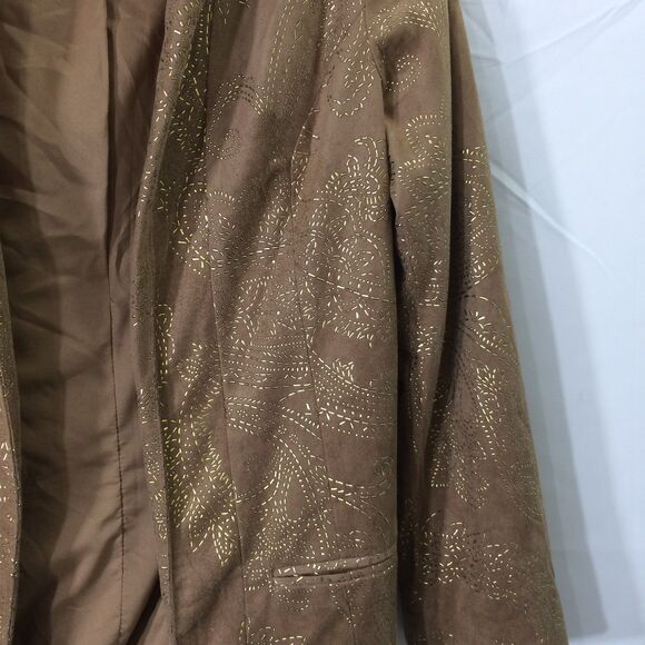Chico's Vintage Faux Suede Jacket Size 1 Brown Gold Open Front Shacket 8 - Picture 2 of 4